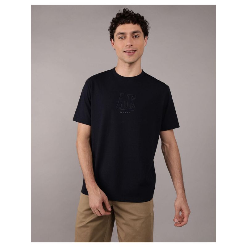 American Eagle Men Navy Blue Logo Graphic T-shirt (XS)