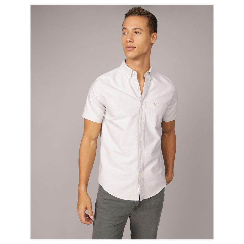 American Eagle Men White Short-Sleeve Slim Fit Button-Up Shirt (S)