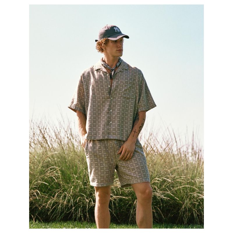 American Eagle Men Cotton Blend Printed Notched Lapel Regular Fit Khaki Shirt (XS)