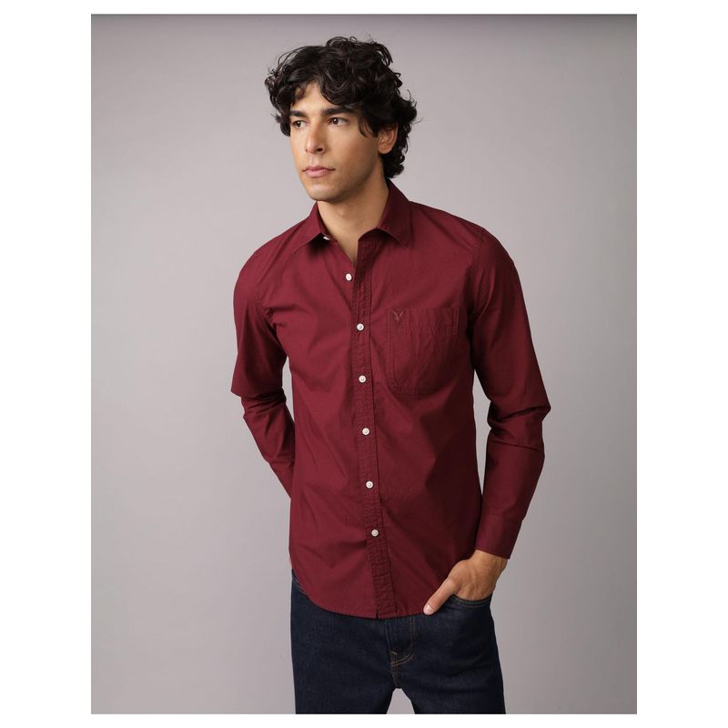 American Eagle Men Maroon Velvet Everyday Relaxed Fit Poplin Button-Up Shirt (L)