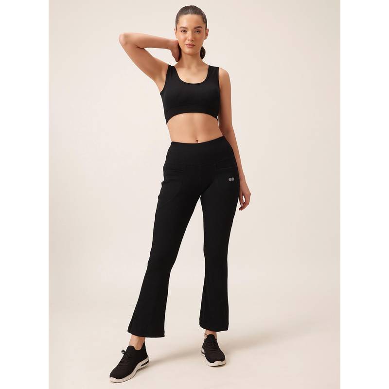 Clovia High-Waist Ribbed Yoga Pants and Medium Impact Sports Bra with Removable Cups (M)