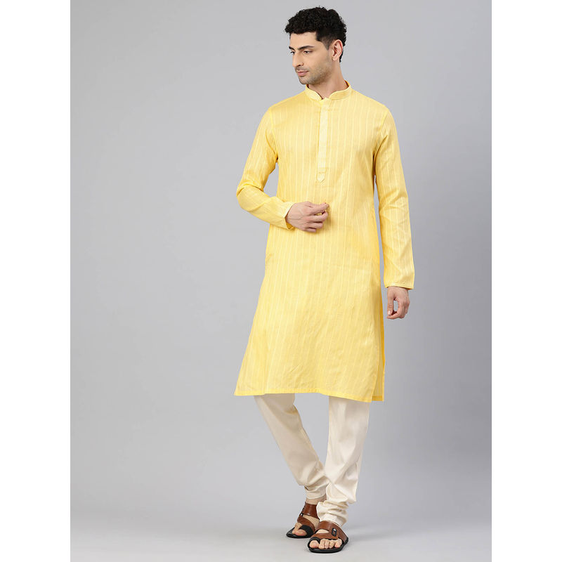 Manthan Yellow Cotton Stripes Kurtas for Men (2XL)