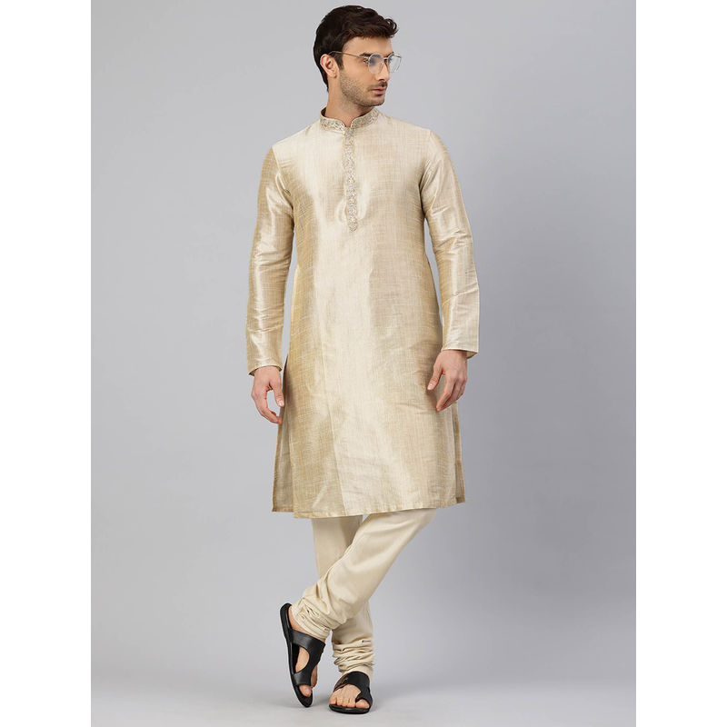 Manthan Beige Art Silk Self Design Kurtas for Men (S)