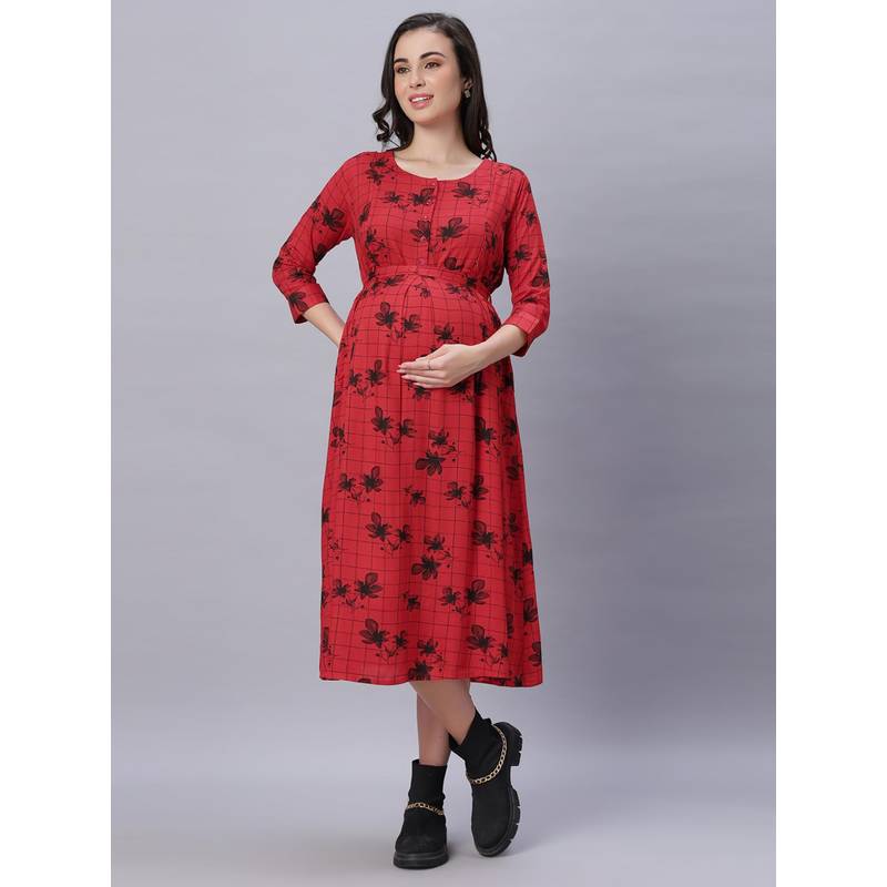 Mamma's Maternity Women Red Cotton Floral Checks Printed Maternity Dress (M)
