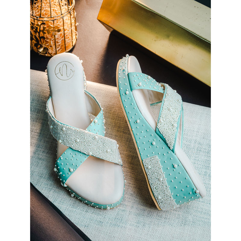 NR BY NIDHI RATHI Womens Mint Green Pearl Embellishment Patent Wedges Heels (EURO 36)