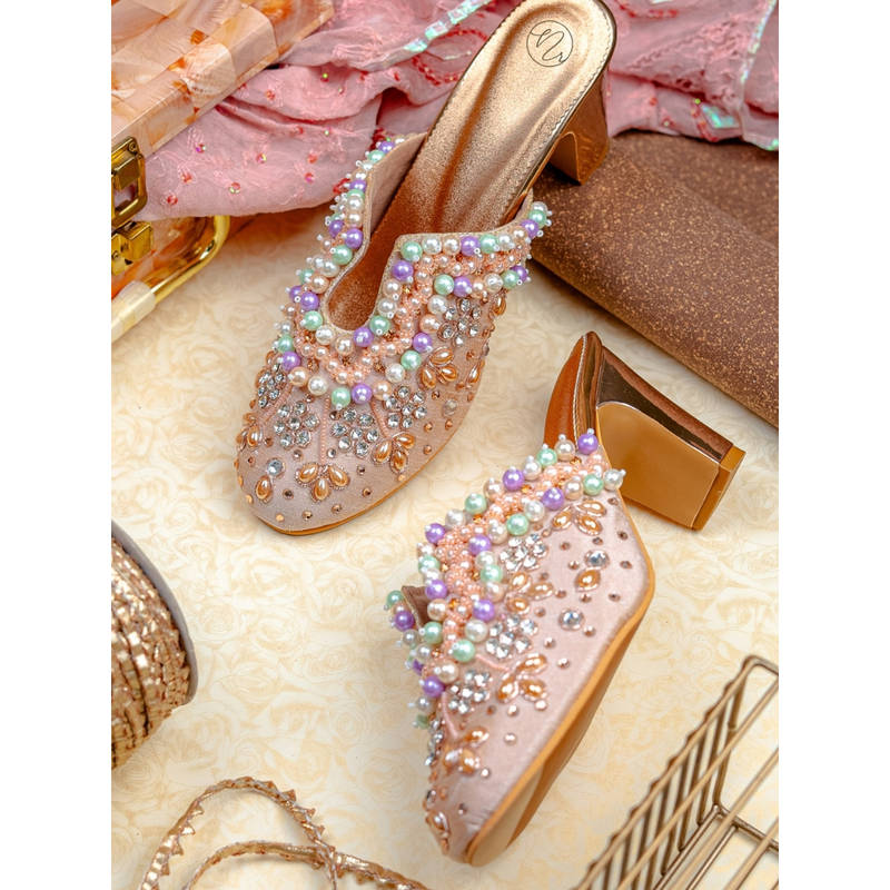 NR BY NIDHI RATHI Womens Rose Gold Ethnic Embellished Mules Heels (EURO 36)