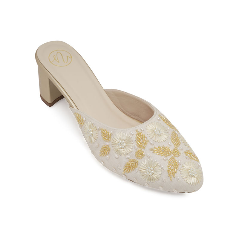 NR BY NIDHI RATHI Womens Off White Embellished Mid-Top Mules Heels (EURO 36)