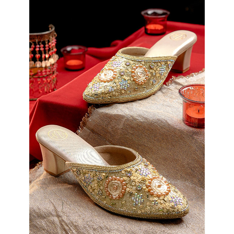 NR BY NIDHI RATHI Womens Gold Ethnic Embellished Mules Heels (EURO 36)