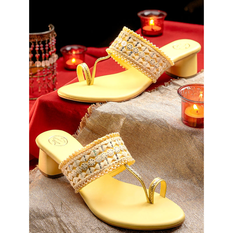 NR BY NIDHI RATHI Womens Yellow Ethnic Embellished Sandal Heels (EURO 36)