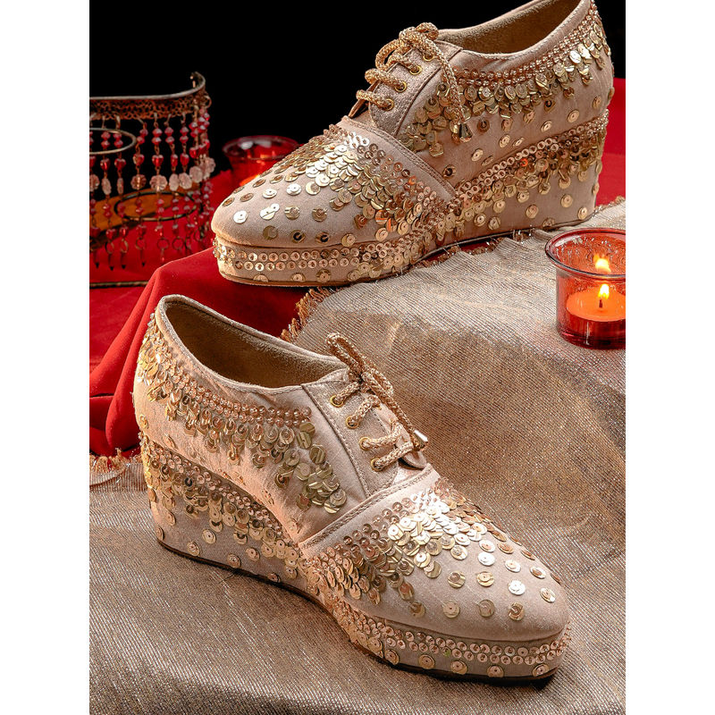 NR BY NIDHI RATHI Women Rose Gold Embellished Wedge Heels (EURO 36)