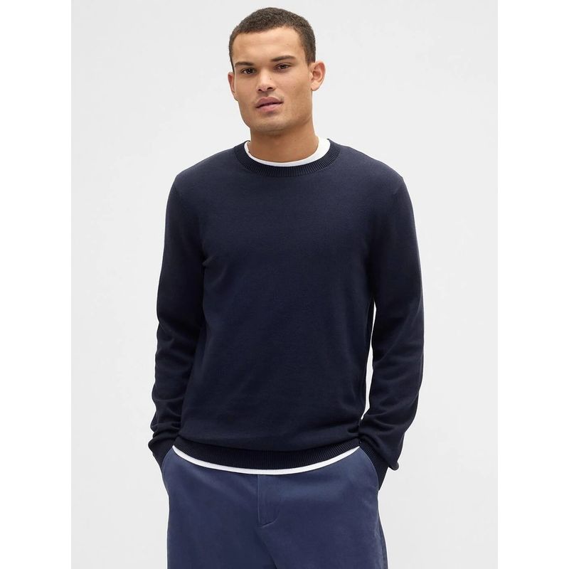 GAP Men Navy Blue Cotton Solid Sweater (XS)
