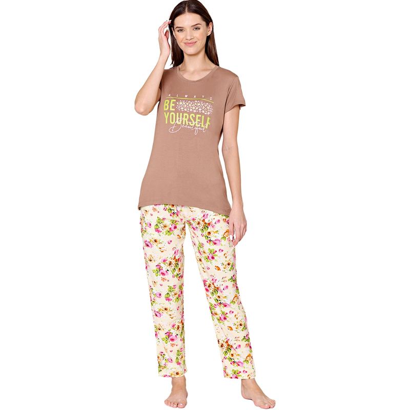 Bodycare Womens Modal Spandex Printed T-Shirt & Pyjama BSLS14014 Multi-Color (Set of 2) (M)