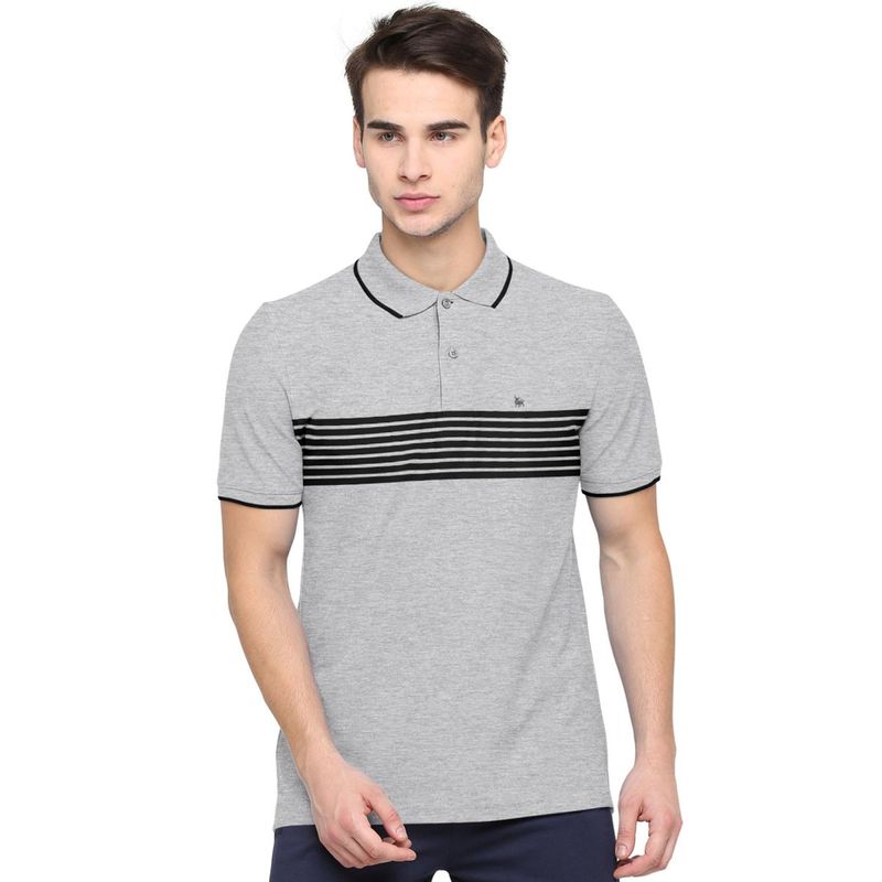 BULLMER Grey Men Cotton Blend Polo Neck Stripes T-Shirts (S)