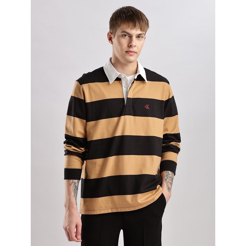 Calvin Klein Men Black Horizontal Stripes Polo T-Shirt (M)