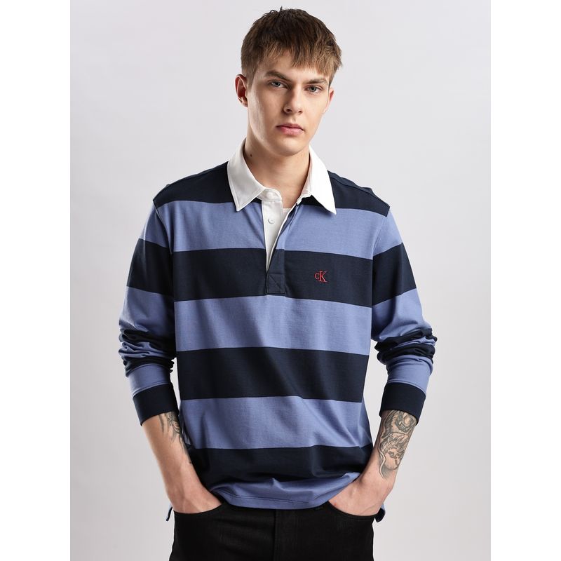 Calvin Klein Men Blue Horizontal Stripes Polo T-Shirt (XL)