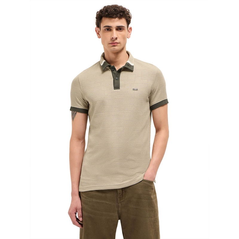 THE BEAR HOUSE Men Beige Polyester Polo T-Shirt (S)