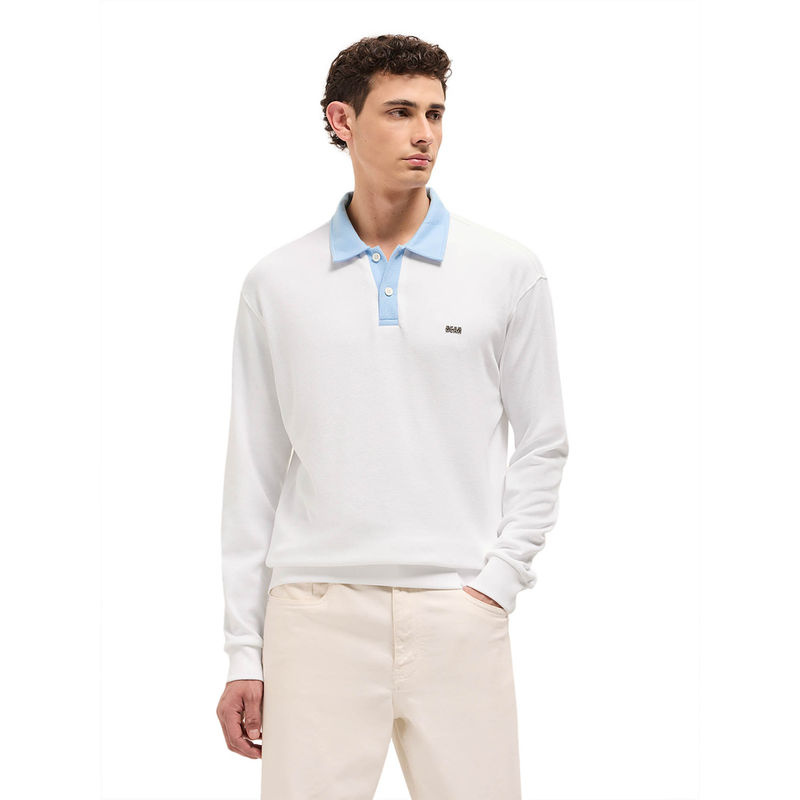 THE BEAR HOUSE Men White Cotton Polo T-Shirt (L)