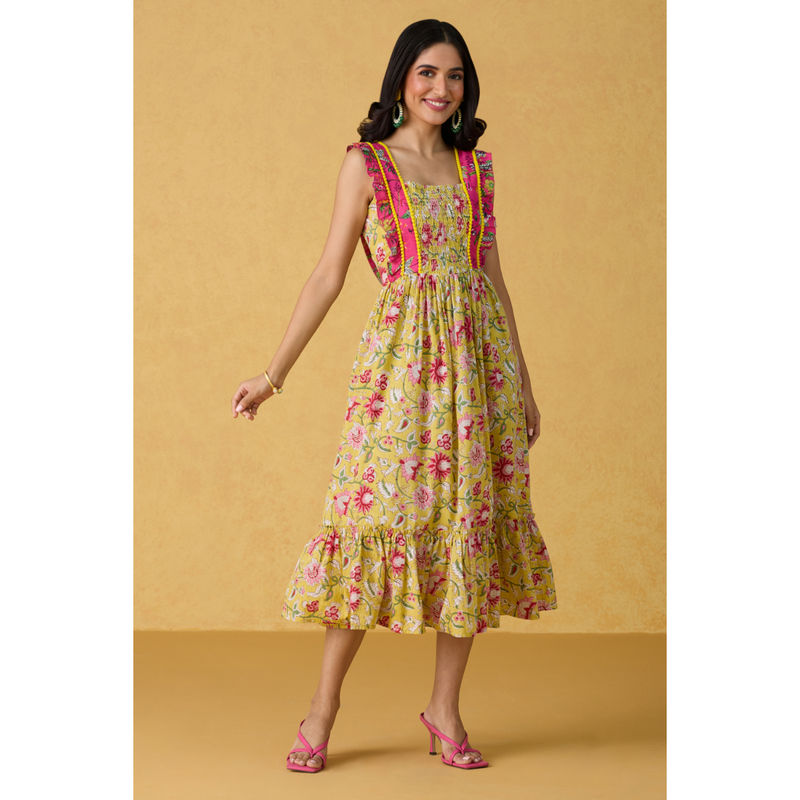 Likha Yellow Blossom Hand Block Printed Tiered Midi Dress LIKDRS66 (M)