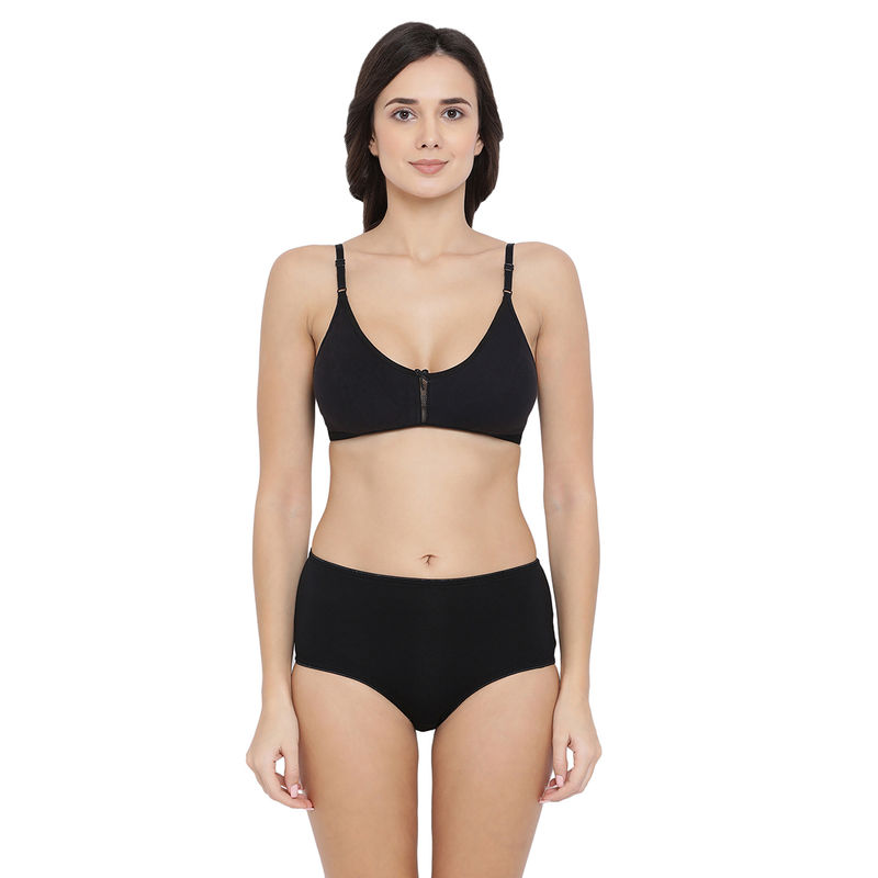 Clovia Cotton Non-Padded Non-Wired Full Cup Bra & High Waist Hipster Panty - Black (32C)