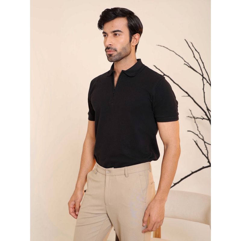 Subtract Men Black Comfort Fit Solid Polo T-Shirt with Hidden Zipper (XL)
