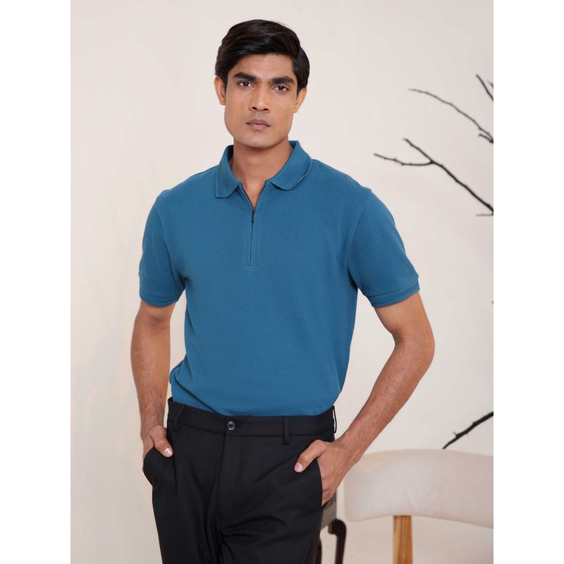 Subtract Men Dark Teal Comfort Fit Solid Polo T-Shirt with Hidden Zipper (S)