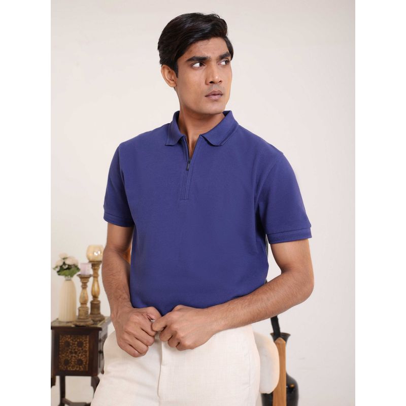 Subtract Men Indigo Blue Comfort Fit Solid Polo T-Shirt with Hidden Zipper (S)
