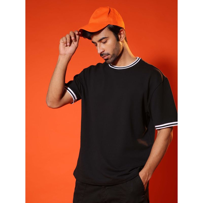 Subtract Men Black Round Neck Oversized T-Shirt with Contrast Rib Details (S)