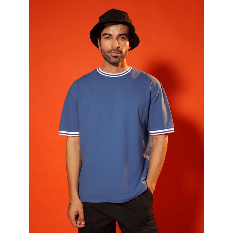 Subtract Men Denim Blue Round Neck Oversized T-Shirt with Contrast Rib Details (S)