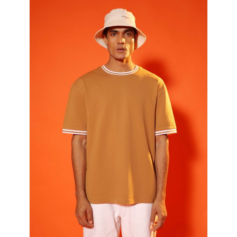 Subtract Men Tan Brown Round Neck Oversized T-Shirt with Contrast Rib Details (S)