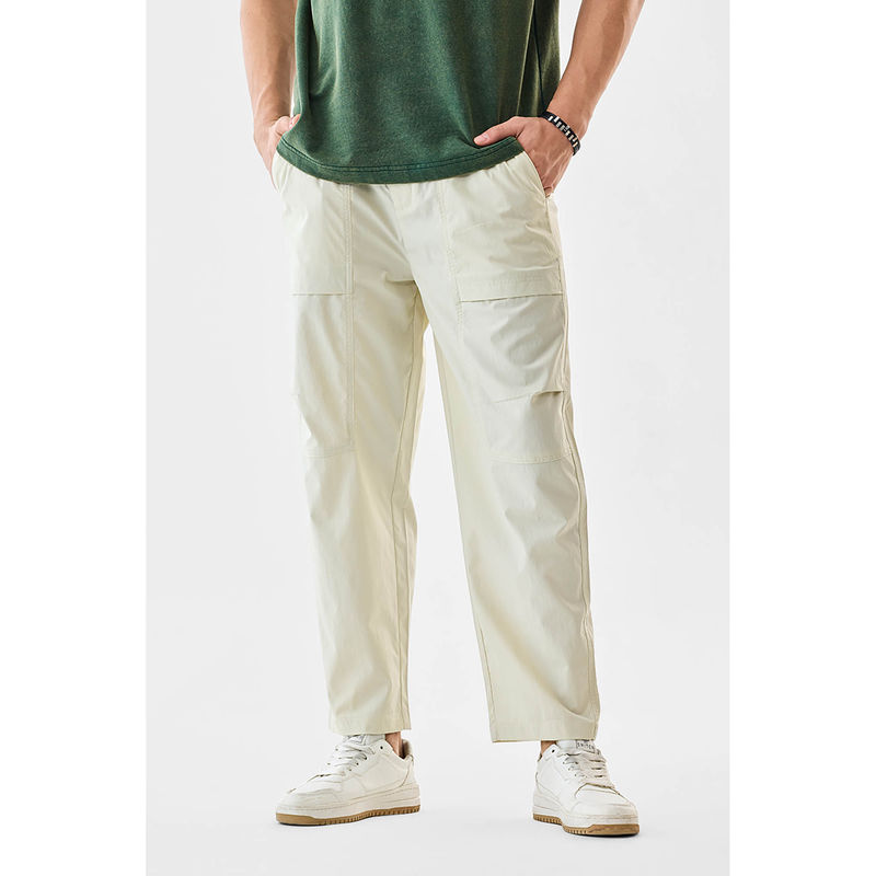 Snitch Off White Solid Straight Casual Cargo Pant with Belt (34)