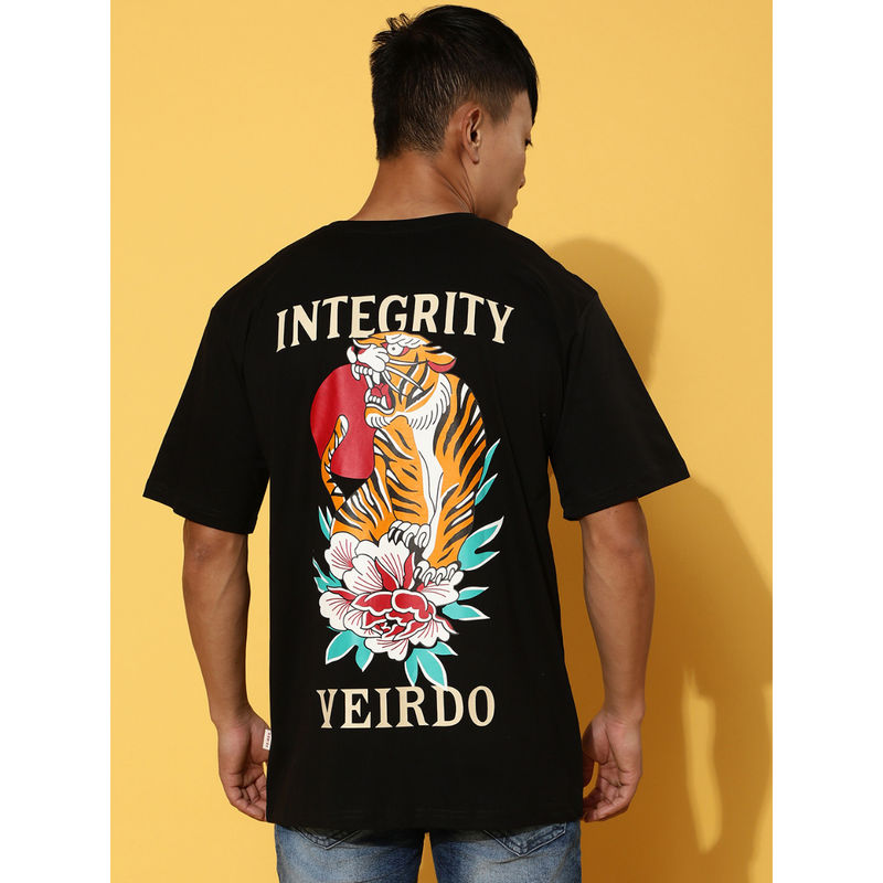 VEIRDO Men Graphic Print Black Round Neck Oversize Pure Cotton T-Shirt (S)