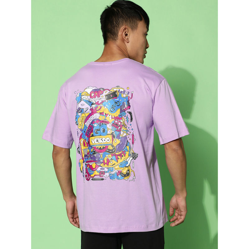 VEIRDO Men Printed, Graphic Print Oversize Round Neck Pure Cotton Purple T-Shirt (XL)