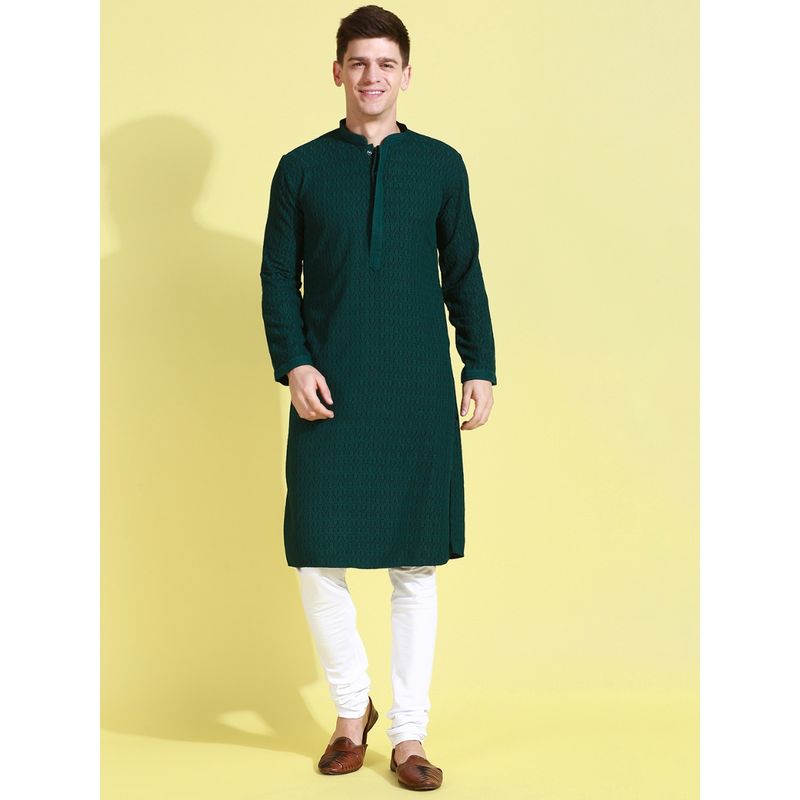 Sanwara Men Green Thread Work Chikankari Indian Style Cotton Kurta and Payjama (Set of 2) (M)