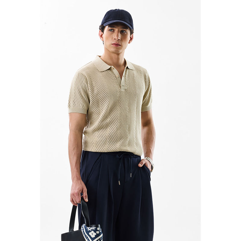 Snitch Beige Self Design Slim Fit Polo T-Shirt (M)