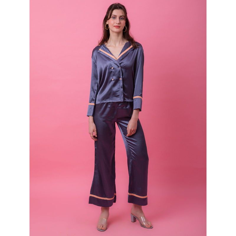 EZME STUDIO Grey Satin Tux Shirt and Pyjama (Set of 2) (S)