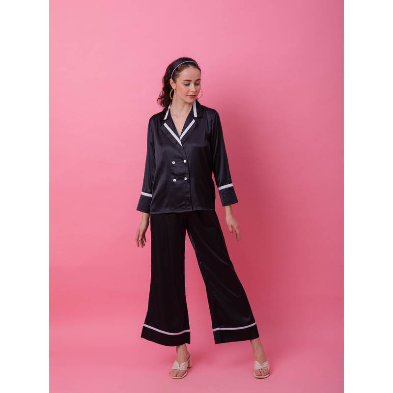 EZME STUDIO Black Satin Tux Shirt and Pyjama (Set of 2) (XS)