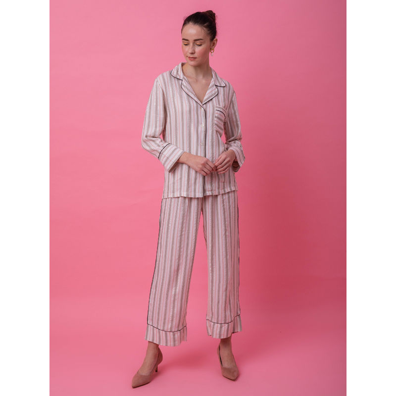EZME STUDIO Pink Stripes Shirt and Pyjama (Set of 2) (XS)
