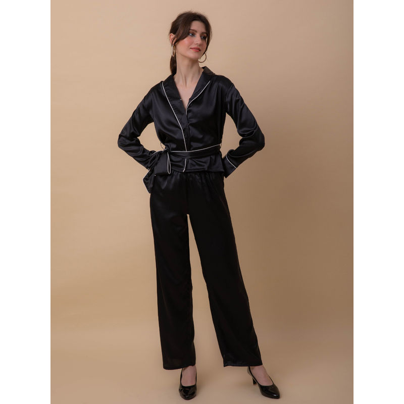 EZME STUDIO Coco Jet Black Satin Robe and Pyjama with Belt (Set of 3) (XS)