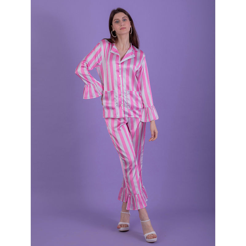 EZME STUDIO Candy Pink Stripes Shirt and Pyjama (Set of 2) (XS)