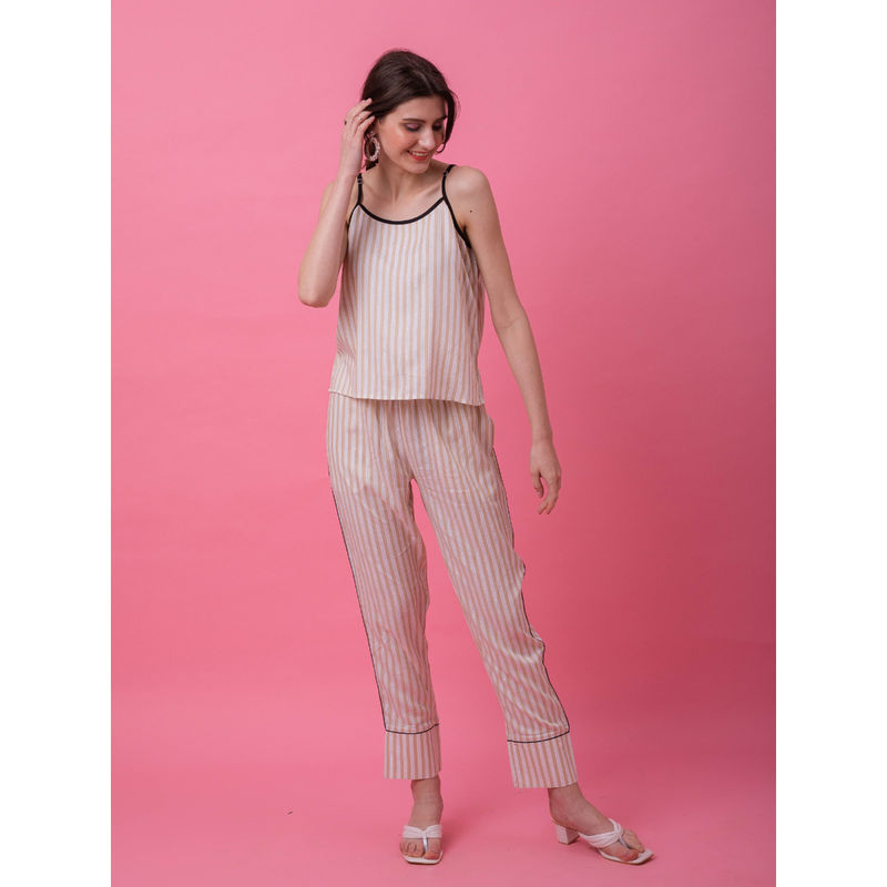 EZME STUDIO Beige Lurex Stripes Camisole and Pyjama (Set of 2) (XS)