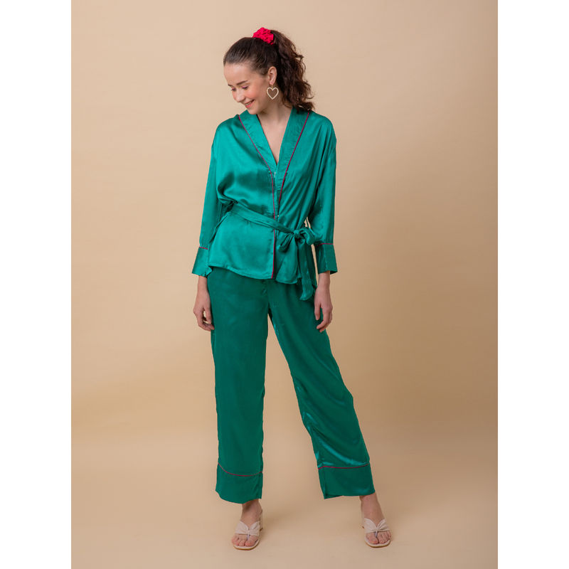 EZME STUDIO Luxe Satin Emerald Robe and Pyjama with Belt (Set of 3) (XS)