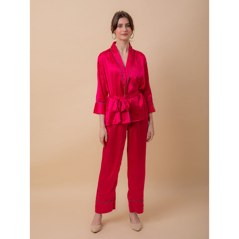 EZME STUDIO Luxe Satin Red Robe and Pyjama with Belt (Set of 3) (XS)