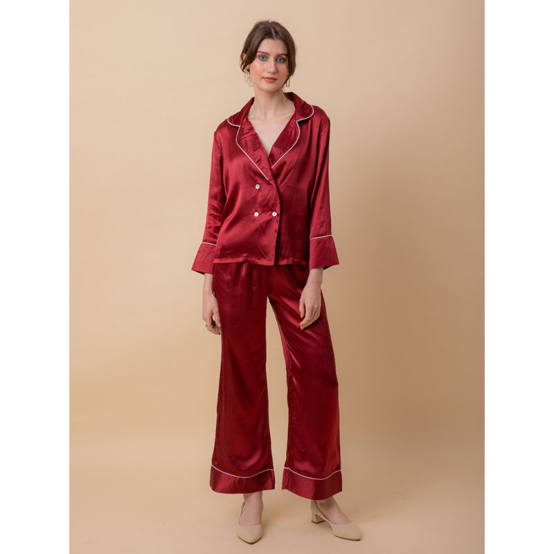 EZME STUDIO Luxe Satin Maroon Tux Shirt and Pyjama (Set of 2) (XS)