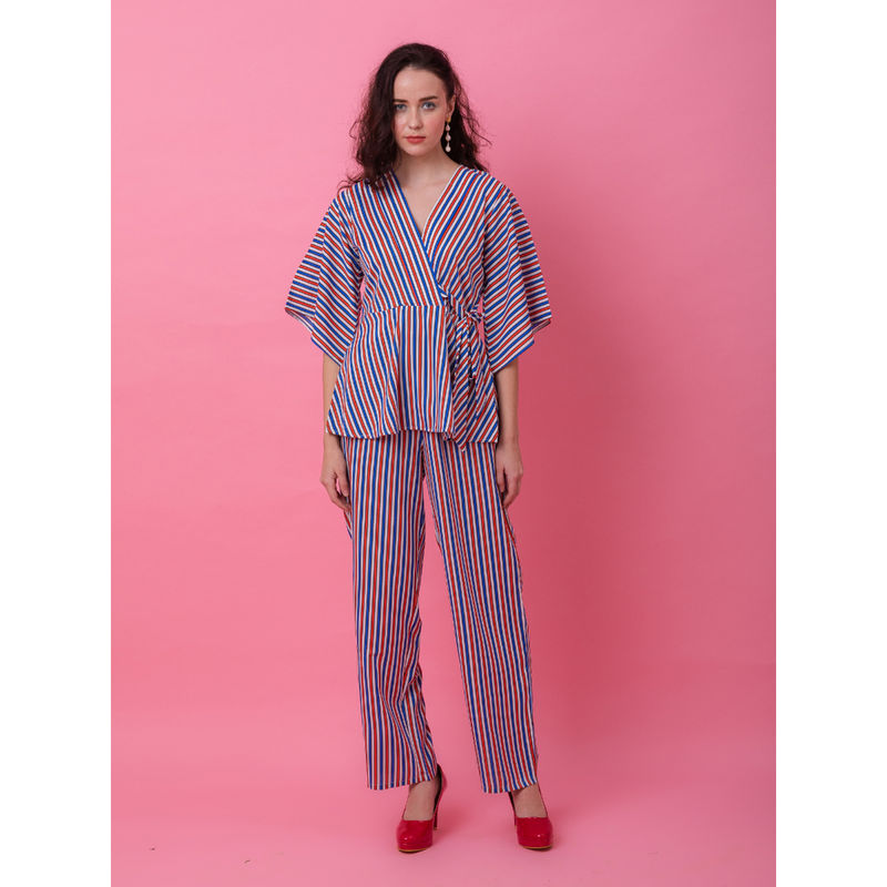 EZME STUDIO Blue Peplum Stripe Top and Pyjama (Set of 2) (XS)