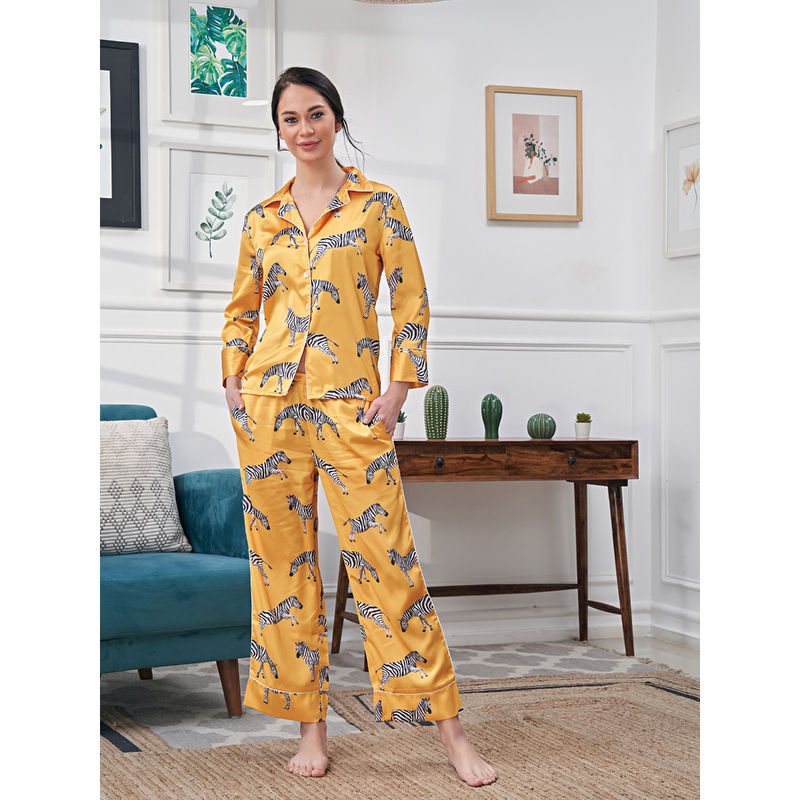 EZME STUDIO Yellow Zebra Print Shirt and Pyjama (Set of 2) (XS)
