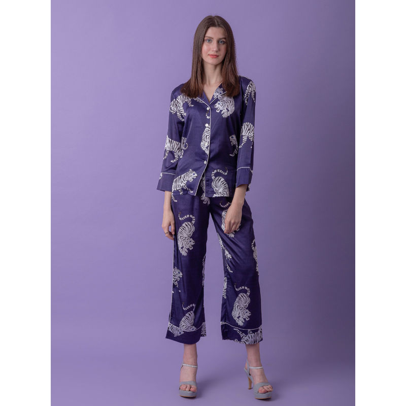EZME STUDIO Sierra Navy Blue Tiger Print Shirt and Pyjama (Set of 2) (XS)