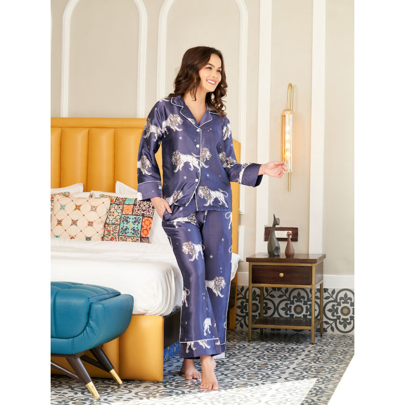 EZME STUDIO Navy Blue Lion Print Shirt and Pyjama (Set of 2) (XS)