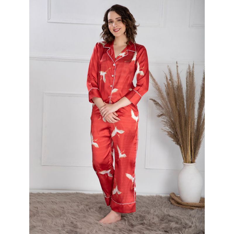 EZME STUDIO Red Nightingale Print Shirt and Pyjama (Set of 2) (L)