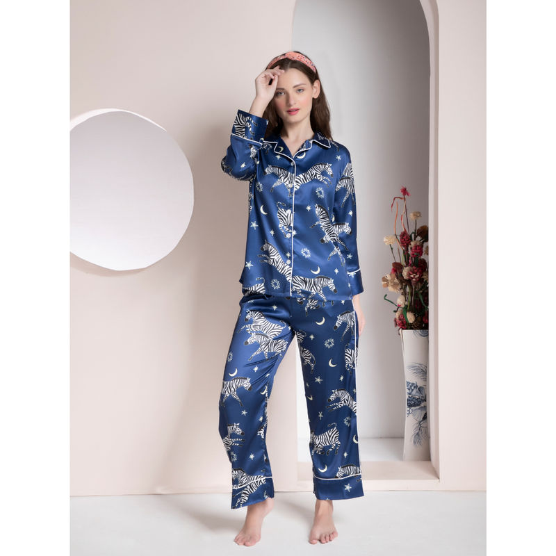 EZME STUDIO Navy Blue Zebra Print Shirt and Pyjama (Set of 2) (L)