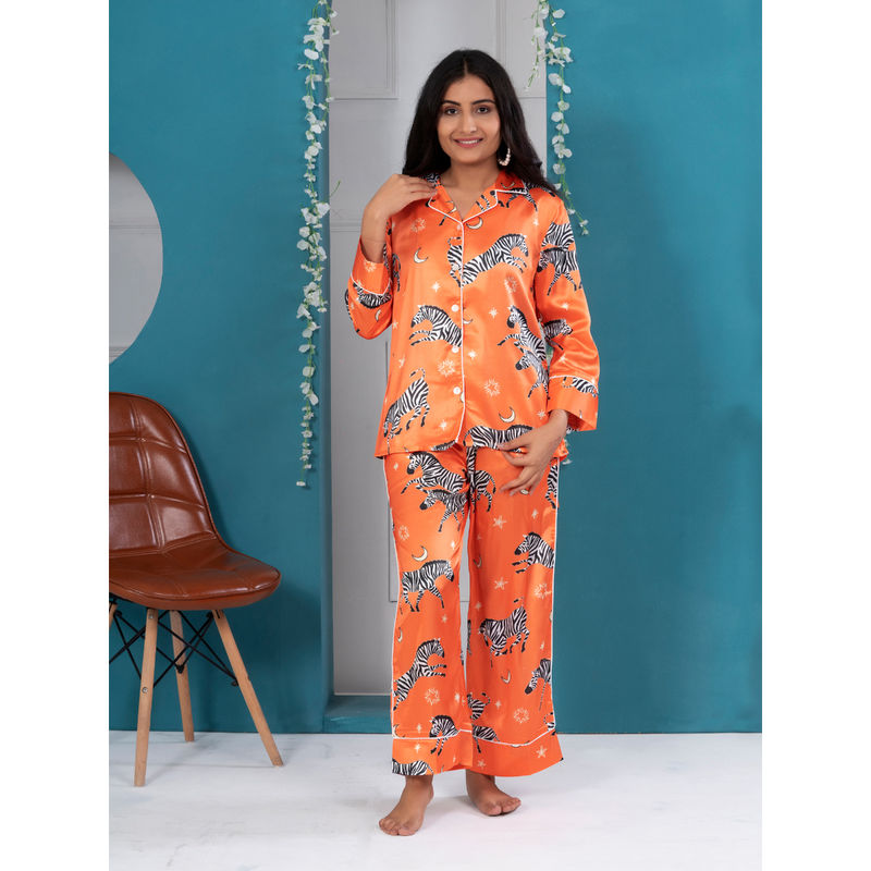 EZME STUDIO Orange Zebra Print Shirt and Pyjama (Set of 2) (XS)